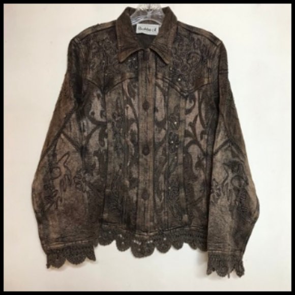 Flashback Jackets & Blazers - Crochet Lace Embroidered Stevie Nicks Style Metallic Brown Denim Jacket Sz M